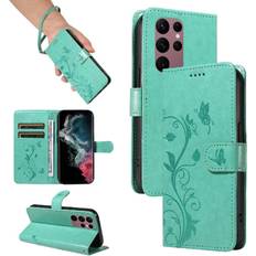 Samsung Galaxy S22 Ultra Wallet Cases Embossed Butterfly With Hand Strap Case for Galaxy S22 Ultra