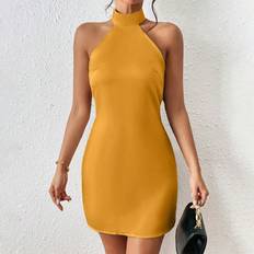 Guld - Korta klänningar Shein Summer Solid Color Backless Halterneck Casual Dress