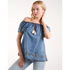 Denim Blouses Blue Vanilla Denim Embroidered Bardot Top Light Denim