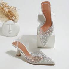 Dam - Skum Pumps Shein Classy Women's Fashionable Silver High-Heels, Pvc Rhinestone Decor Pointed-Toe Open-Back Shoes
