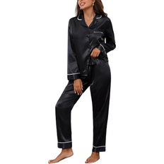Contrast Binding Button Front Lapel Collar Satin PJ Set