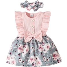 Shein Fashionable Baby Girl Short Sleeve Floral Print Dress With Bow Decoration