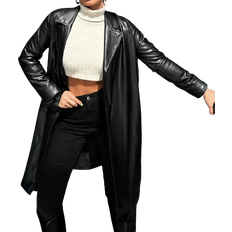 Skinn - Svarta Kappor & Rockar Shein Lapel Neck Open Front Leather Look Coat