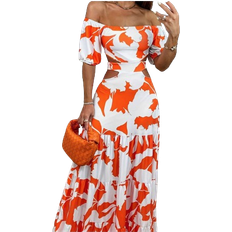 Shein Graphic Print Off Shoulder Cut Out Waist Ruffle Hem Dress