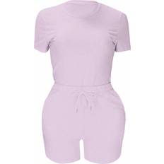 Purple - Women Jumpsuits & Overalls Shein Solid Tee & Drawstring Waist Shorts