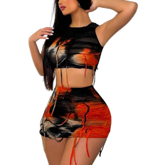 Batik Jumpsuits & Overaller Shein SXY Tie Dye Fringe Design Slim Fit Vest And Skirt Set