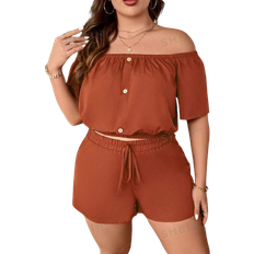 Shein Essnce Plus Off Shoulder Button Front Top & Knot Front Shorts