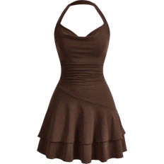 Shein MOD Draped Collar Solid Double Layer Ruffle Hem Halter Neck Ruched Dress