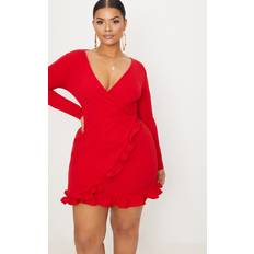 PrettyLittleThing Plus Red Ruffle Detail Wrap Dress, Red