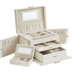 Songmics Jewellery Box Layers, Jewellery Organiser with Drawers, Jewellery Case with Portable Travel Case, with Handle, Lockable, Gift Idea, Cloud White PU Cover, Cream White Lining JBC121W02