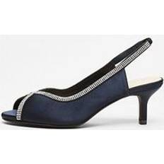 Blue Heels & Pumps Quiz Navy Satin Diamante Low Heeled Slingback Heels, Dark Blue, 3, Women