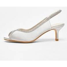 Silver Satin Diamante Low Heeled Slingback Heels, Silver, 4, Women Ilver