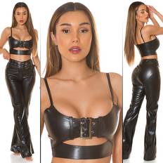 Kunstleder Oberteile Koucla Kunstleder crop top bustier bauchfrei trägertop corsagen-look mit deko Schwarz One Einheitsgröße