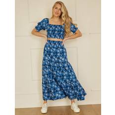 Cotton Skirts Yumi Cotton Floral Ruched Waist Maxi Skirt, Blue/Multi