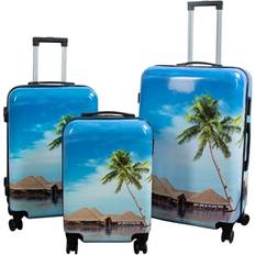 4 hjul - Blå - Hårde Kuffertsæt Borg Living Beach & Palm Trees Suitcase - 3 stk.