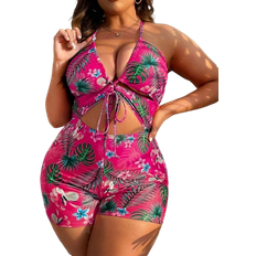 Polyester Swimsuits Shein Swim Lushore Summer Beach Plus Tropical Print Cut Out Tie Front One Piece Swimsuit