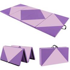 Costway 8 Feet PU Leather Folding Gymnastics Mat with Hook and Loop Fasteners-Pink &