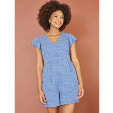 Mela London Ditsy Print Flutter Sleeve Playsuit, Blue/White