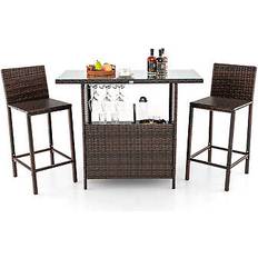 Costway Patio Wicker Height Table Chair 121 x 57.5 x 30 cm Outdoor Bar Set, 1 Table incl. 2 Chairs