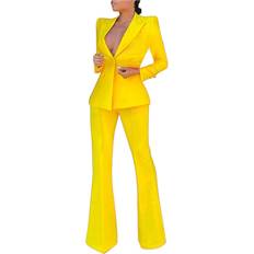 Yellow Suits Uillui Womens Premium Formal Suit Sets Aesthetic Business Work Blazer Sets Slim Fit Suit Top Straight Leg Flare Bootleg Pant Yellow