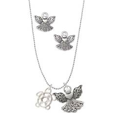 Delight Jewelry Cutout Sea Turtle Guardian Angel Charm Necklace and Stud Earrings Set - Silver