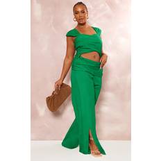 Rayon Jumpsuits & Overalls PrettyLittleThing Plus Bright Green Linen Look Wrap Detail Wide Leg Jumpsuit, Bright Green