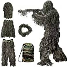 Hagsnec 5-i-1 Ghillie-kostym, 3D-kamouflage utomhus jaktkläder inklusive jacka, byxor, huva, bärvä för vuxna barn ungdom