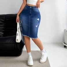 Denim Skirts Shein Summer Casual Distressed Frayed Hem Slim Fit Denim Skirt