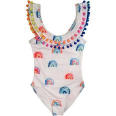 Girls - White Swimwear Girl's Pom Pom Rainbow One-Piece Swimsuit, 2-14 White