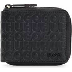 HUGO Ziparound wallet in matte leather with stacked logos - Black