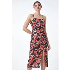 Black - Wrap Dresses Roman Floral Linen Look Ruched Midi Dress in Black