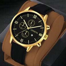 Shein Men Watch 1pc Black Pu Gold Calendar Fashion Watch Watch For Men Father's Day Gifts