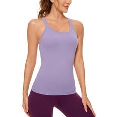 Seamless Tank Tops Crz Yoga CRZ YOGA Womens Seamless Ribbed Racerback Tank Tops with Built in Bra Padded Scoop Neck Slimming Athletic Long Camisole Lavender Mist