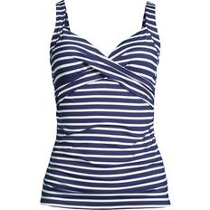 Lands' End L Tankinis Lands' End Womens Chlorine Resistant Underwire Wrap Tankini Top Deep Sea/White Media Stripe Long Torso