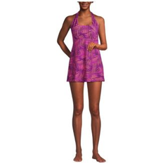 Swimsuits Lands' End Women's Chlorine Resistant Square Neck Halter Swim Dress One Piece Swimsuit Violet rose stipple palm Medium