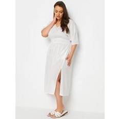 Linen Dresses Yours Curve Linen Midaxi Shirred Waist Slit Dress White, White, 26-28, Women