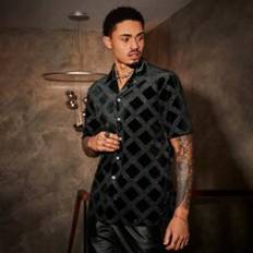 Shein Shirts Shein Men Rhinestone Plaid Pattern Lapel Collar Shirt