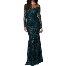 Goddiva Sequin Mesh Embroidered Maxi - Emerald Green
