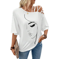 Shein VCAY Figure Graphic Criss Cross Asymmetrical Neck Tee