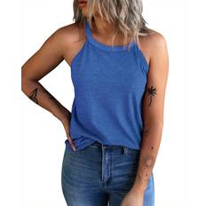 Kinlonsair Women's Summer Sleeveless Halter Tee Shirts Crew Neck Workout Tank Tops Casual Plain Cami Shirts A7_Blue, XX-Large