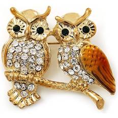 Gold Brooches Avalaya Two Crystal Sitting Owls Brooch Bright Gold Tone Metal