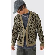 Leopardenmuster Cardigans boohooMAN Oversized Brushed Leopard Cardigan - Khaki