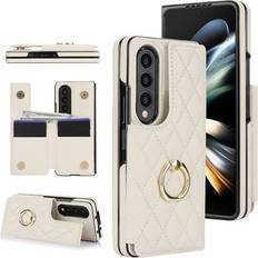 Wallet Cases XIMAND XIMAND for Samsung Galaxy Z Fold 4 Wallet Case with Ring and Credit Card Holder, Cash Slot, Premium Diamond Leather Magnetic Clasp Kickstand Heavy Duty Protective Cover.White