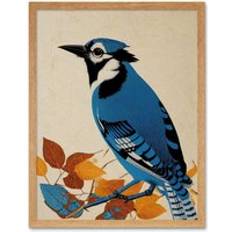 Blue Framed Art ARTERY8 Print Blue Jay Textured Autumn Bird Light Oak Framed Art