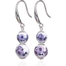 Silver Plated Earrings Equilibrium Silver Plated Double Ceramic Purple Floral Drop Earrings