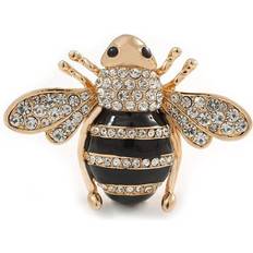 Gold Brooches Avalaya Gold Plated Clear Crystal with Black Enamel Bee Brooch 55mm W