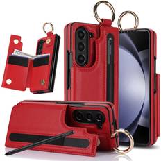 XIMAND XIMAND for Samsung Galaxy Z Fold 5 Wallet Case with S-Pen Holder and Credit Card Holder, Cash Slot, Premium Leather Magnetic Clasp Kickstand Heavy Duty Ring Protective Cover.Red