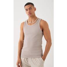 Beige - Men Tank Tops boohooMAN Mens Slim Waffle Tank Beige