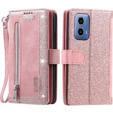 GANGXUN Pink Flip Case for Motorola Moto G34 5g Lanyard Wallet 9 Card Slots Pu Leather Kickstand