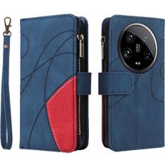 GANGXUN Blue Case For Xiaomi 14 Ultra 5G Kickstand Protective With Card Slot Stand Zipper Wallet Style Nine Card Slots Two-color Stitching